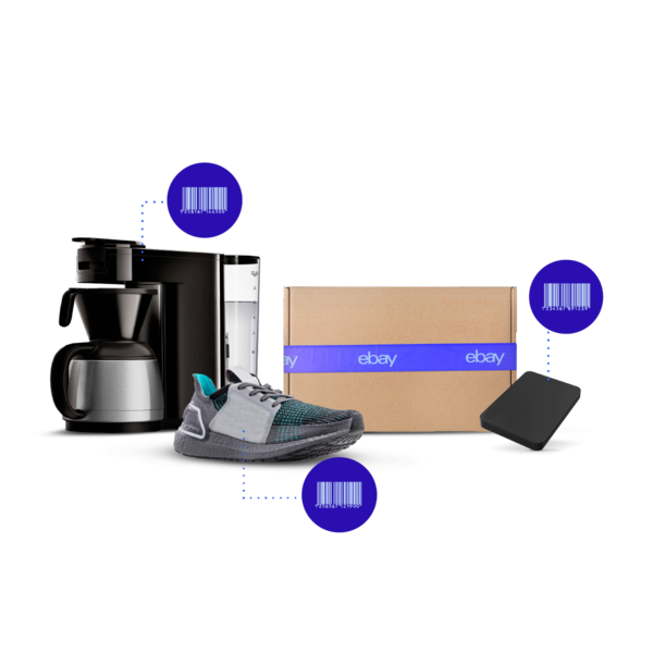 Imagen con una cafetera, una zapatilla de deporte, una caja y un disco externo con sus códigos de barras