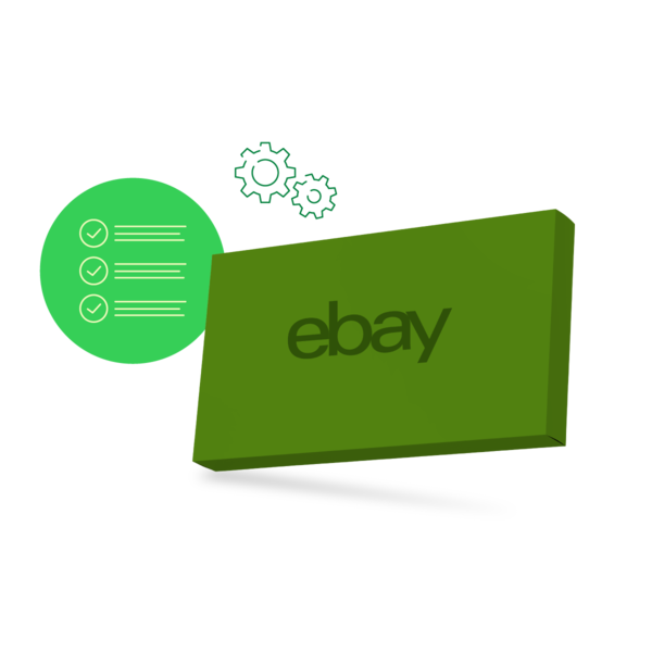 Ilustración con un paquete con el logo de eBay, unos engranajes y una lista de comprobación