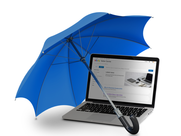 Imagen de un paraguas azul protegiendo un ordenador portátil