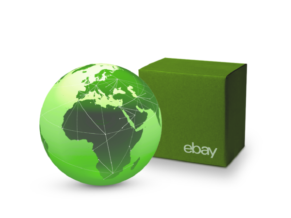 Ilustración del globo terráqueo y una caja donde pone eBay