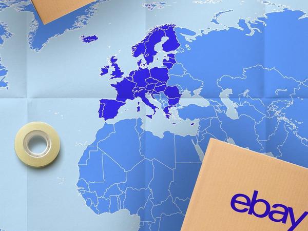 colis eBay posé sur carte du monde