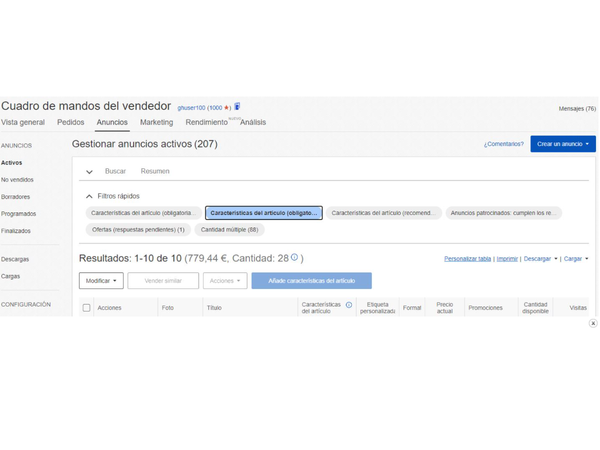 Captura de pantalla de la página Anuncios activos del Cuadro de mandos del vendedor con el filtro Obligatorias pronto seleccionado