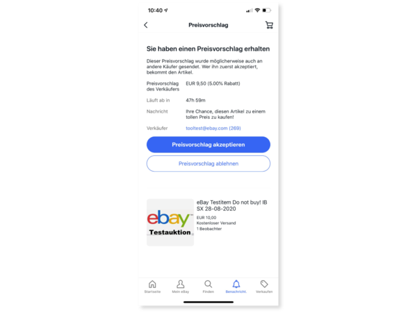 Screenshot Preisvorschlag an Käufer auf Mobilgerät