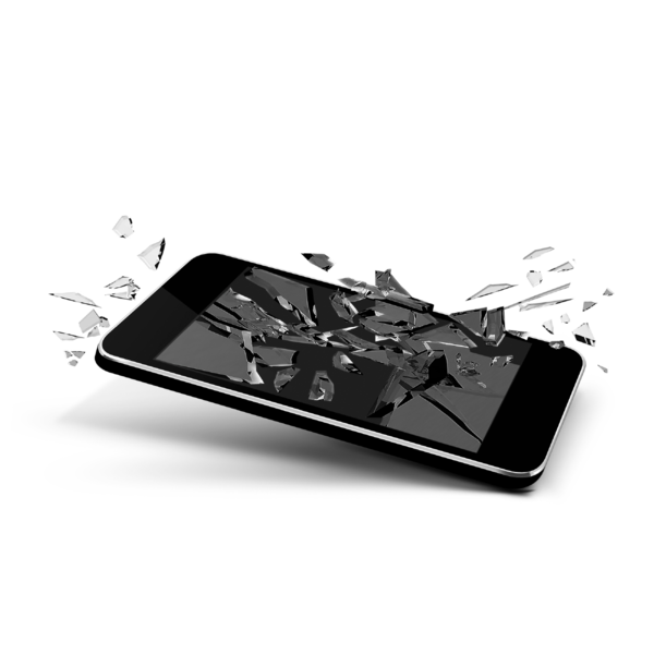 Foto de un móvil cayendo al suelo y con la pantalla haciéndose añicos