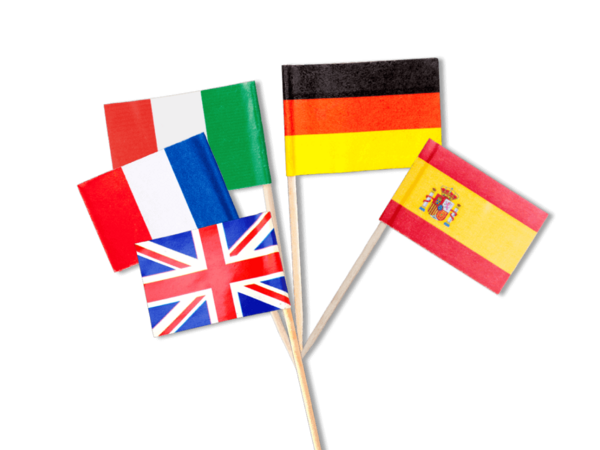 Foto con banderas pequeñas de Francia, Italia, Alemania, Reino Unido y España