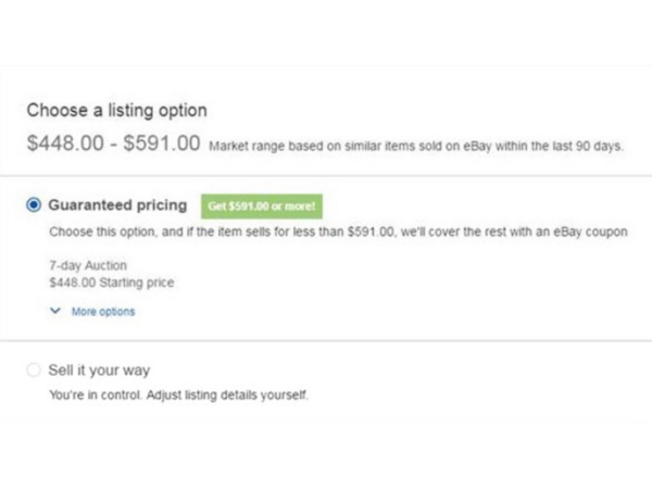 Screenshot of listing options with "Guarenteed pricing" option present and selected