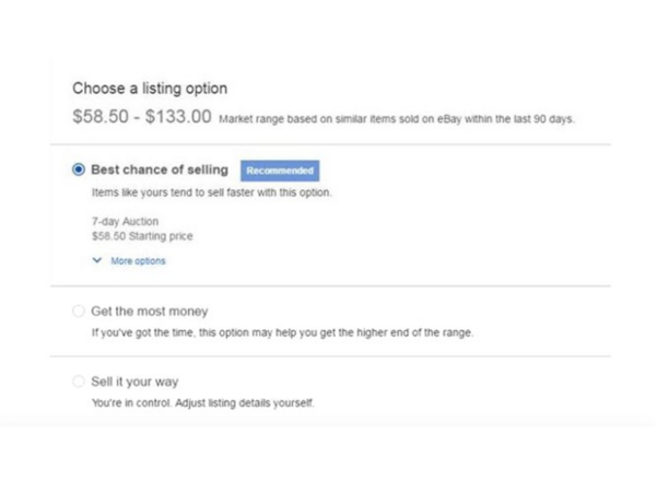 Screenshot of listings options without "Guaranteed pricing" options. "Best chance of selling" is selected.
