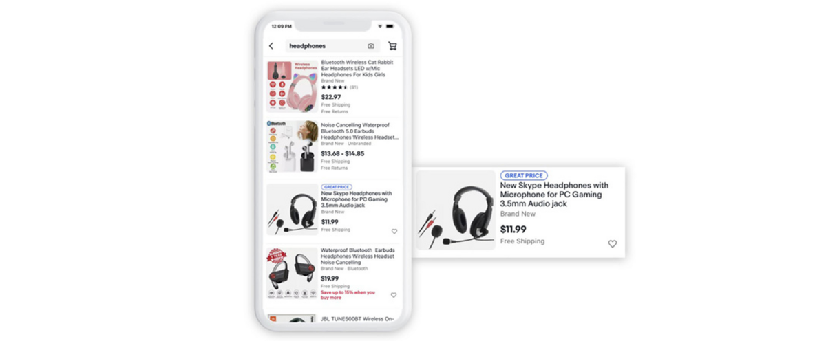 Mock-up of a listing displaying headphones with a great price badge