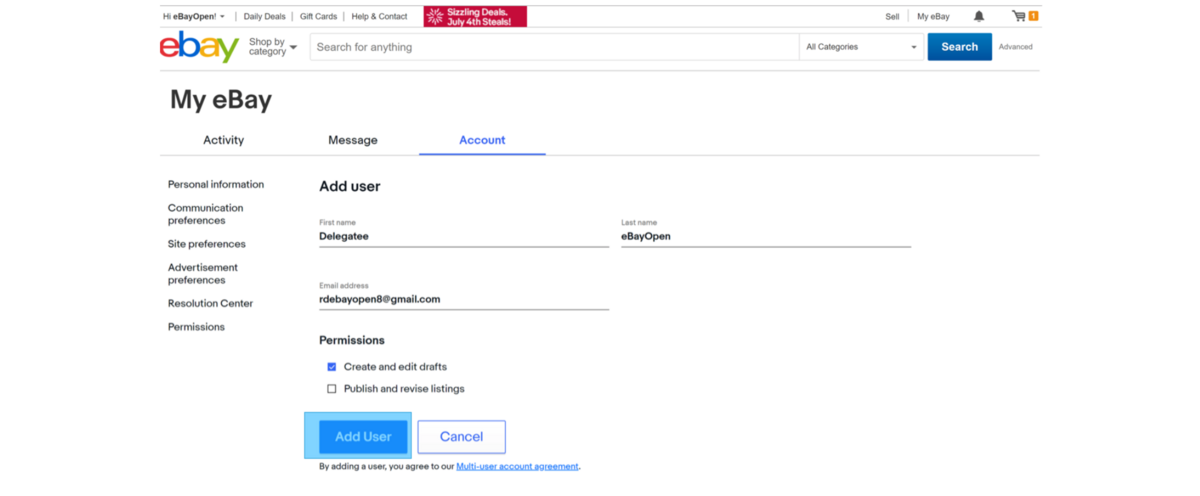Screenshot of My eBay Account page, and the option to Add a user