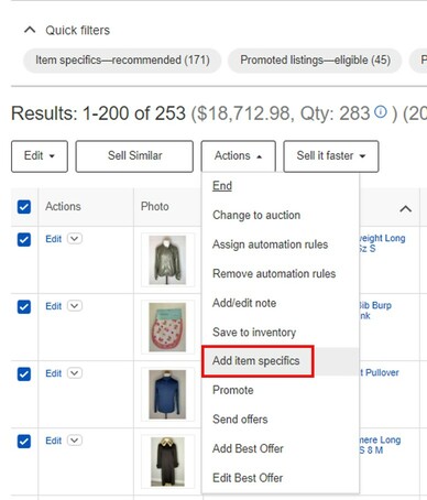 Screenshot of the Active Listings page, showing the option to "Add item specifics" under the Actions button.