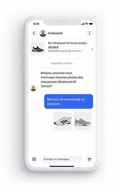 Saisie d'écran d'une conversation avec un acheteur dans la nouvelle expérience de messagerie sur appareil mobile
