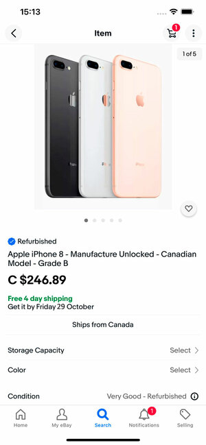 View item page screenshot on mobile of Apple iPhone 8 listing with free 4 day shipping