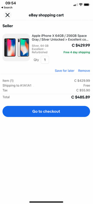eBay shopping cart screenshot on mobile of Apple iPhone X with free 4 day shipping