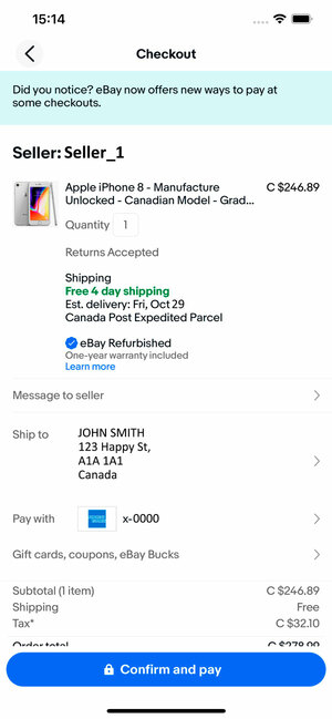 Checkout page screenshot on mobile of Apple iPhone 8 with free 4 day shipping