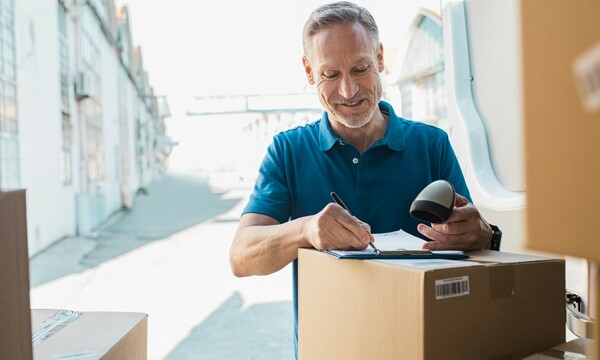 man scanning box on truck