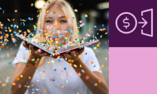 Woman blowing confetti at screen.