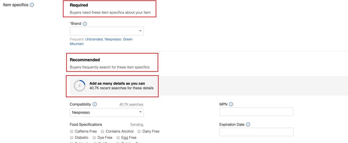Screenshot of item specifics in the listing flow, divided into Required and Recommended sections