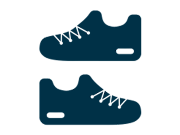 A blue outline of the outer part of a right and left sneaker.