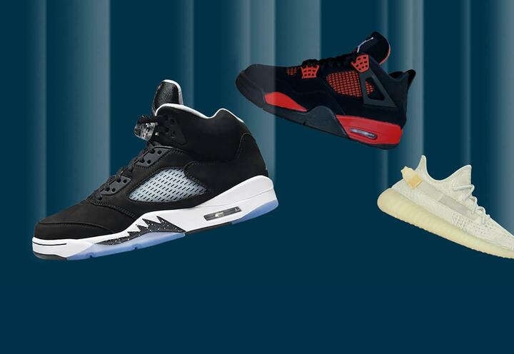 Three pairs of sneakers against a dark blue background