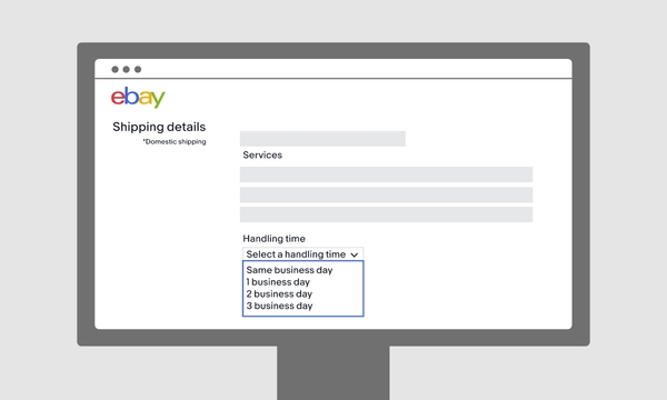 Graphic treatment of a computer monitor displaying an eBay account with shipping details displaying handling time options.