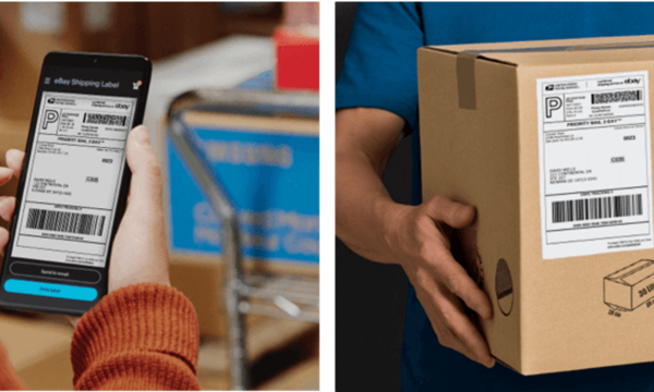 eBay Shipping Label on mobile phone and another pasted on shipping box