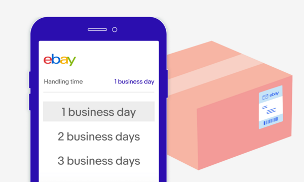 Graphic treatment of a  smartphone displaying the eBay website showing handling time options with an eBay package in the background.