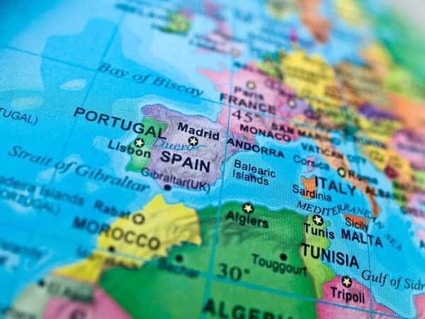 Map showing Portugal, Spain, Morocco, France, Italy, etc.