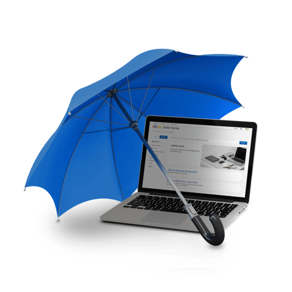 Graphic of a blue umbrella protecting a laptop