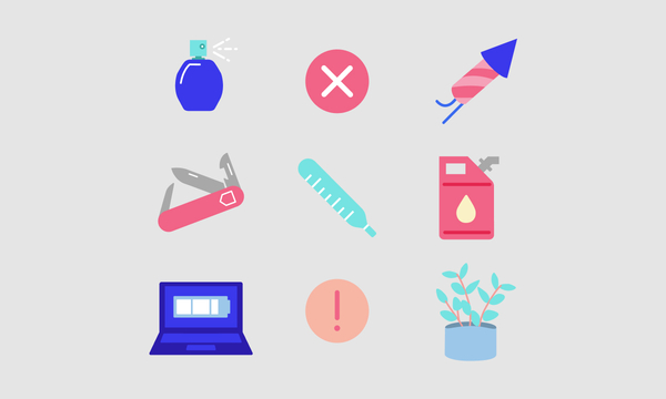 collage of icons representing hazardous materials: perfume, x mark, rocket, Swiss knife, container with lines, gasoline, laptop, exclamation point, and plant
