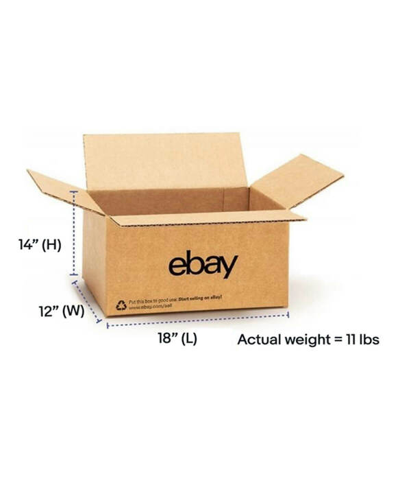 eBay branded box with graphic dashes showing dimensions for the height weight and length.