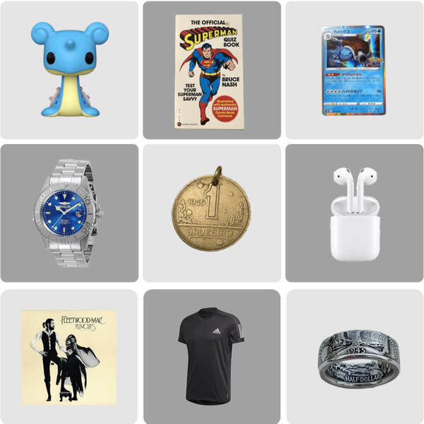 Graphic grid with images of small items that can be sold on eBay including collectible figurines, trading cards, watches, AirPods, books, and posters.