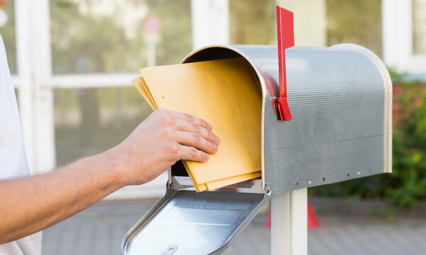 eBay seller putting envelopes into his mailbox with the red flag up.