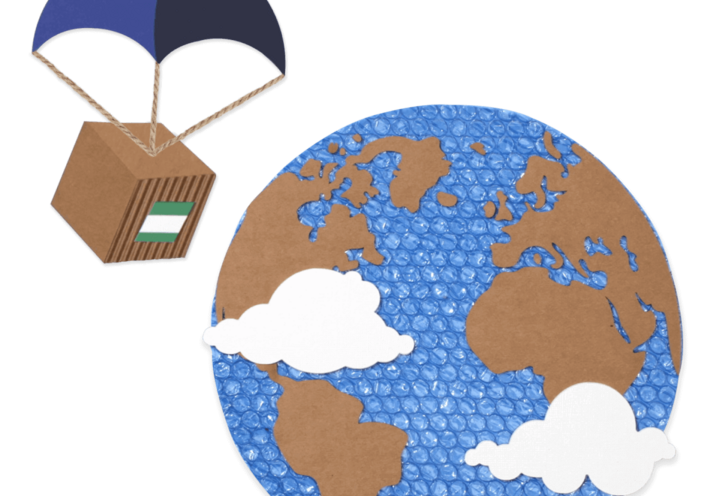 An illustration of a package with a parachute floating down towards a globe made out of bubble wrap.