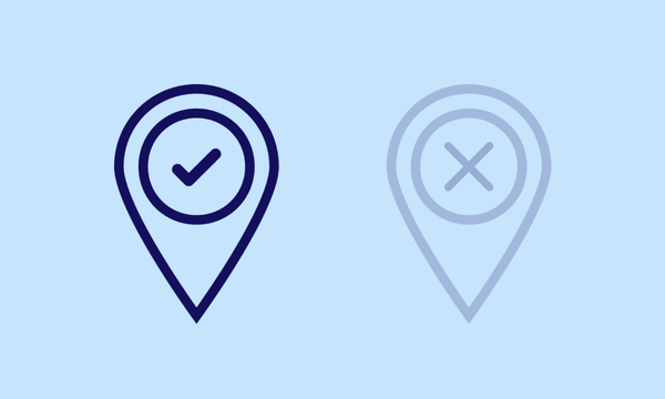 A vector illustration of a two location pins; one has a checkmark and the other an x, on a blue background.