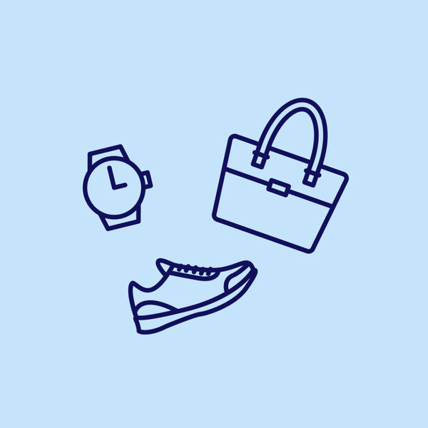 A vector illustration of a wristwatch, handbag, and running shoe on a blue background.