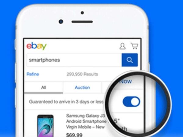 eBay search results on mobile device, showing the option to filter by "Guaranteed to arrive in 3 days or less"