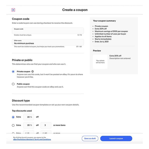 screenshot of create a coupon page
