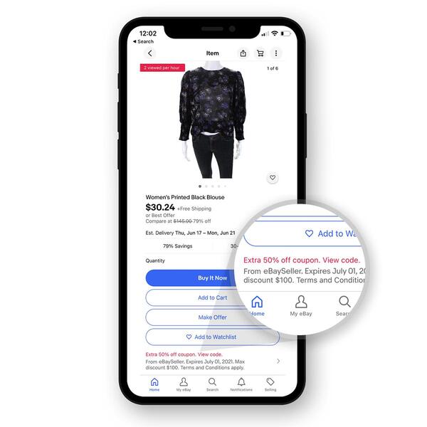 View item page screenshot of women's printed black blouse with extra 50% off coupon