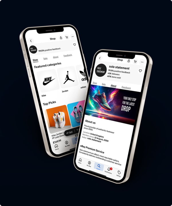 Mobile devices with the visuals of a shopfront on eBay.