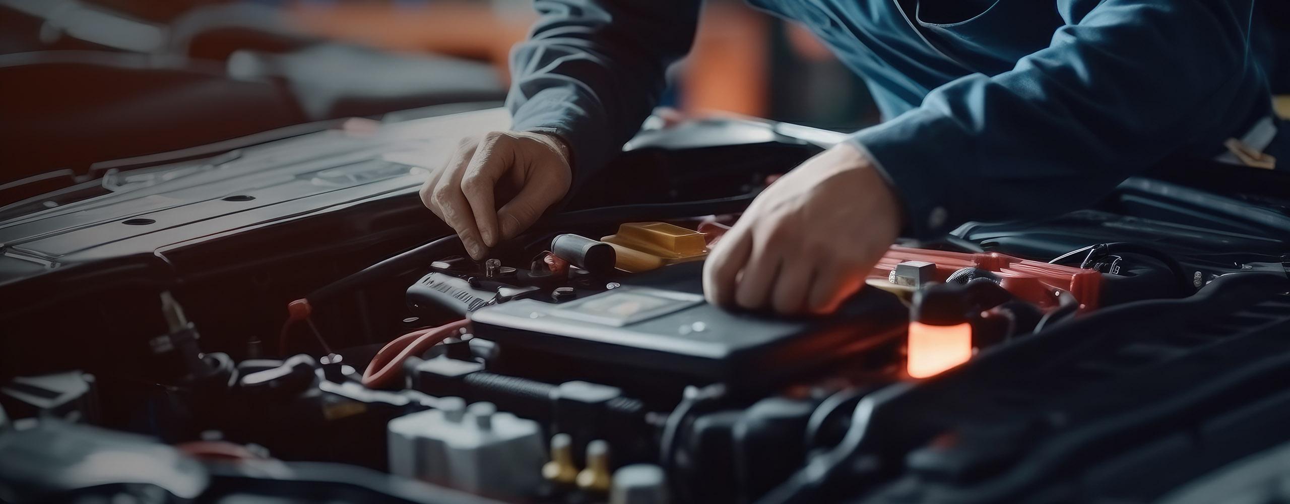 Ein Mann mit gelben Handschuhen hält eine Autobatterie über einer geöffneten Motorhaube.