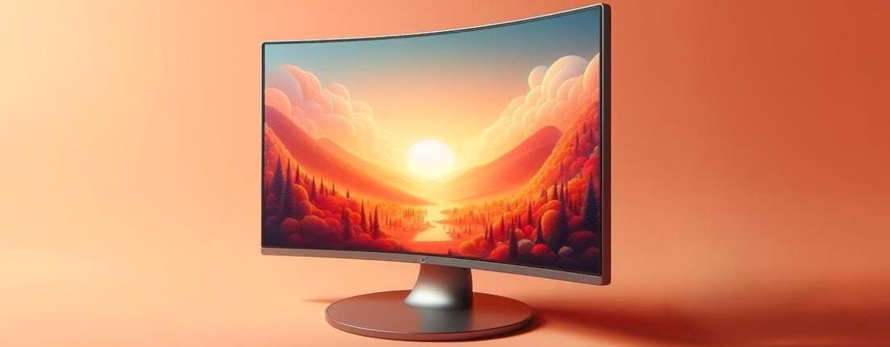 Ein Monitor mit gekrümmtem Panel mit einem Sonnenaufgangs-Motiv.