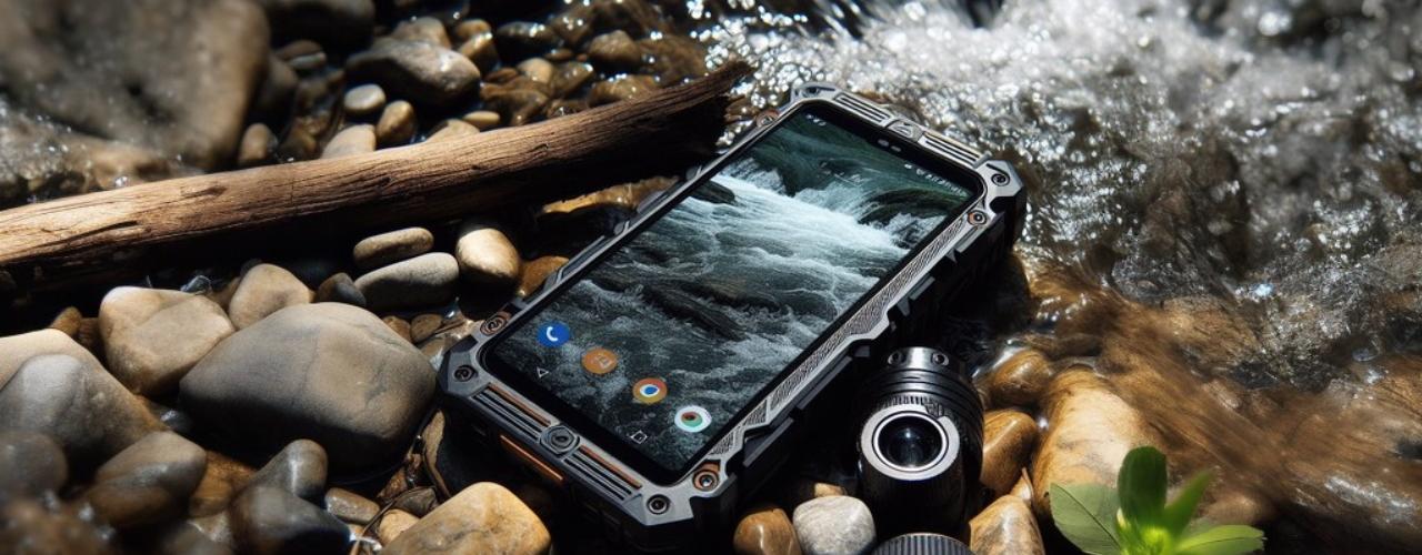 Ein Rugged Smartphone liegt in einem steinigen Bach.