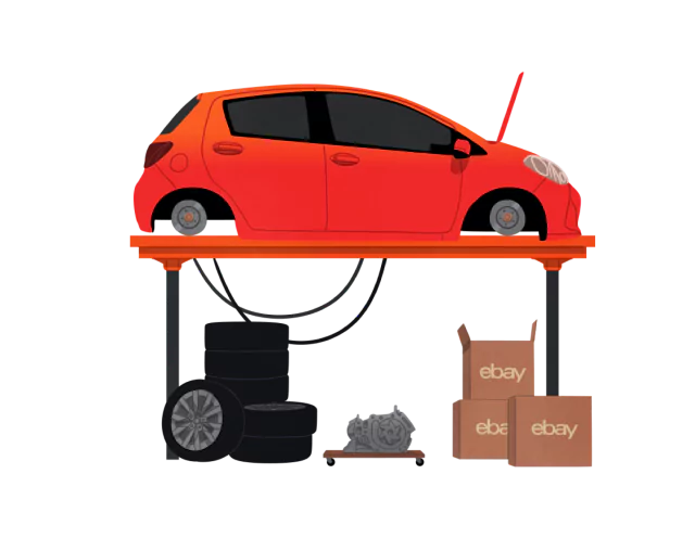 Illustration of a car waiting to be fitted with new parts.