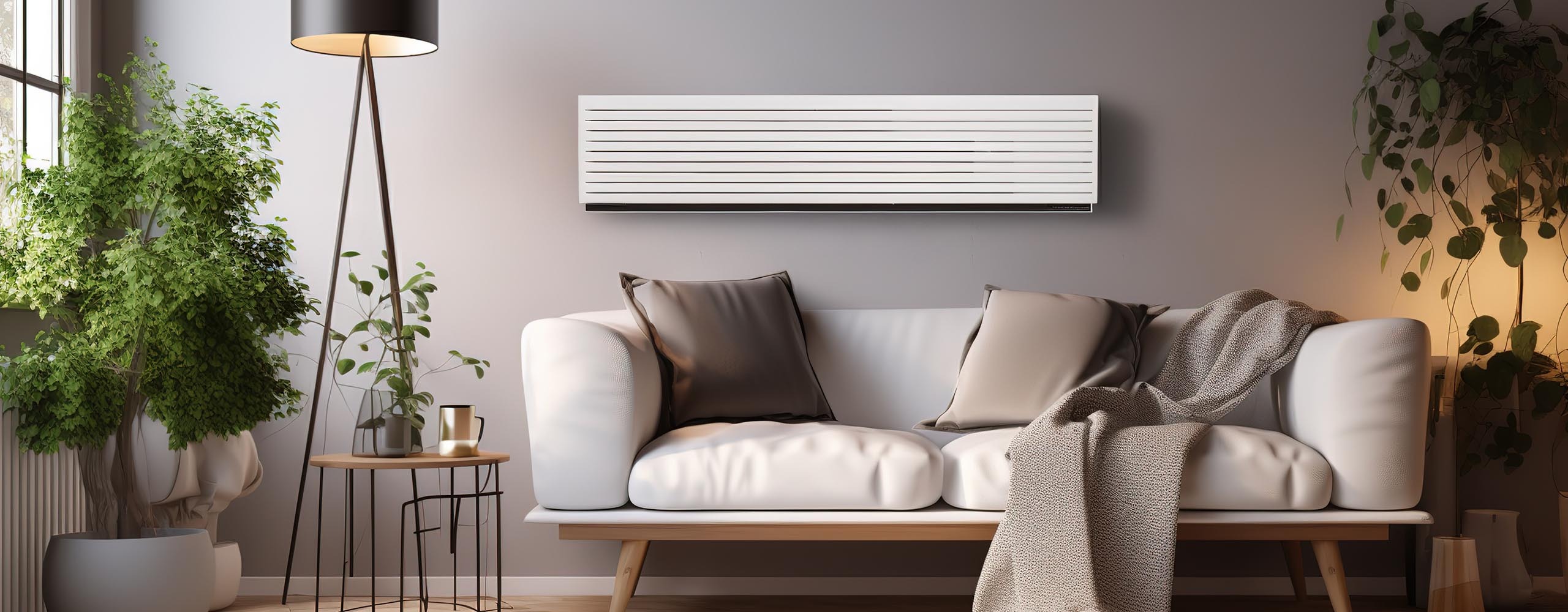 Ein Infrarotpaneel ist hinter einem Sofa in einem Wohnzimmer an der Wand angebracht.
