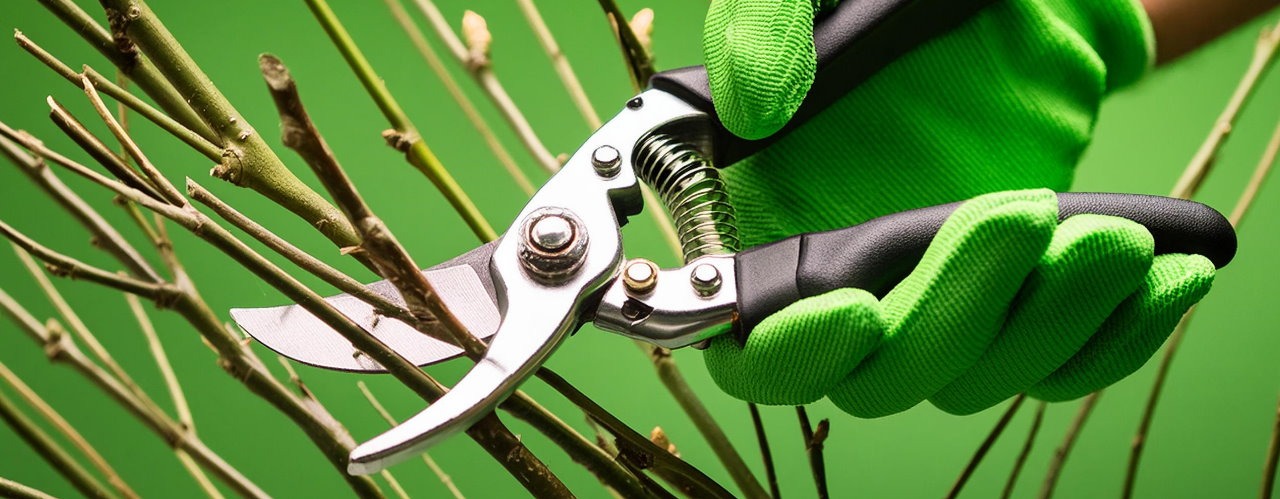 Hand mit Gartenschere, die Ast durchschneidet.