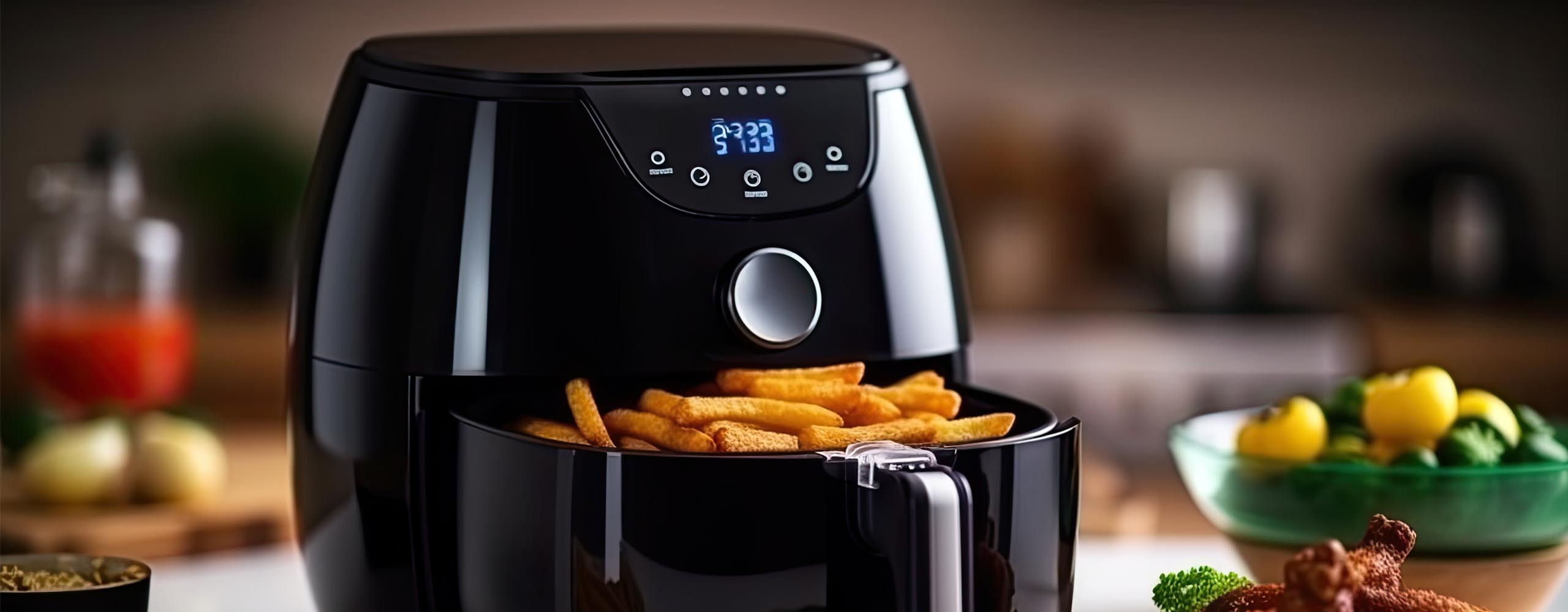 In einer offenen Heißluftfritteuse befinden sich goldbraune Pommes. Vor der Fritteuse liegen knusprige Hähnchenflügel.